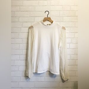 3/$20 Pleione White Textured Mock Neck Blouse Tulle Long Sleeves